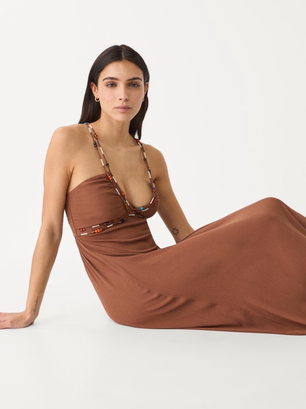 Brown/ terra cotta Beaded Strap Maxi Dress-Zara 100percent cotton